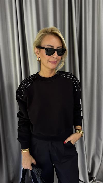 Omzu Taş Detay Siyah Sweatshirt