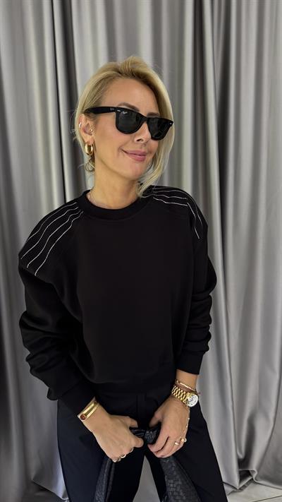 Omzu Taş Detay Siyah Sweatshirt