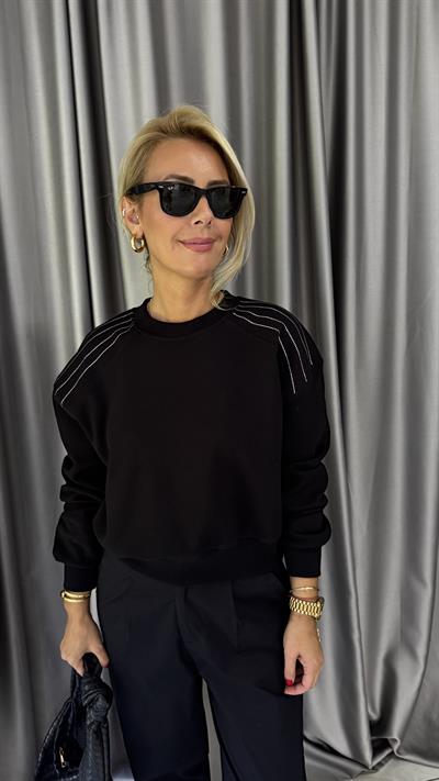 Omzu Taş Detay Siyah Sweatshirt