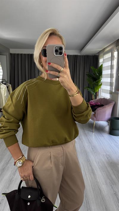 Omzu Taş Detay Yağ Yeşili Sweatshirt