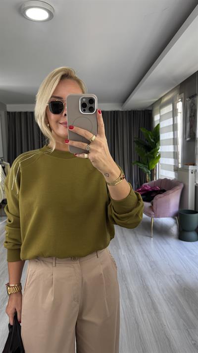 Omzu Taş Detay Yağ Yeşili Sweatshirt