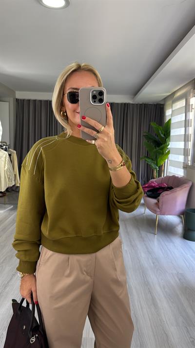 Omzu Taş Detay Yağ Yeşili Sweatshirt