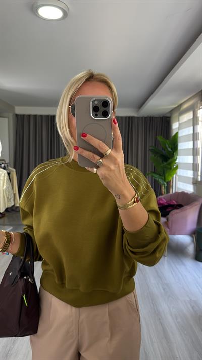 Omzu Taş Detay Yağ Yeşili Sweatshirt