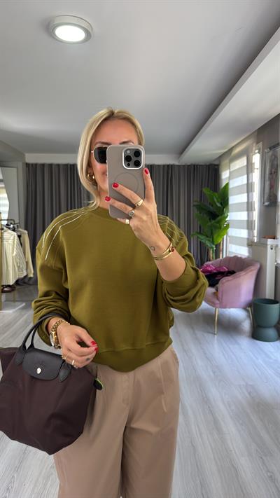Omzu Taş Detay Yağ Yeşili Sweatshirt