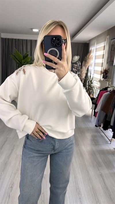 OMZU TAŞ İŞLEMELİ MODAL KUMAŞ BEYAZ SWEATSHİRT
