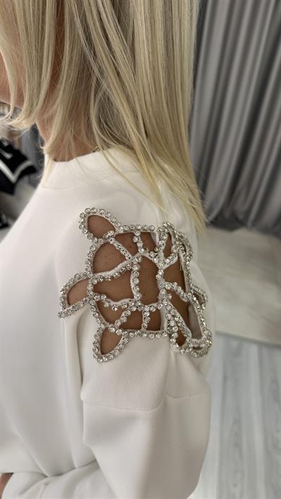 OMZU TAŞ İŞLEMELİ MODAL KUMAŞ BEYAZ SWEATSHİRT