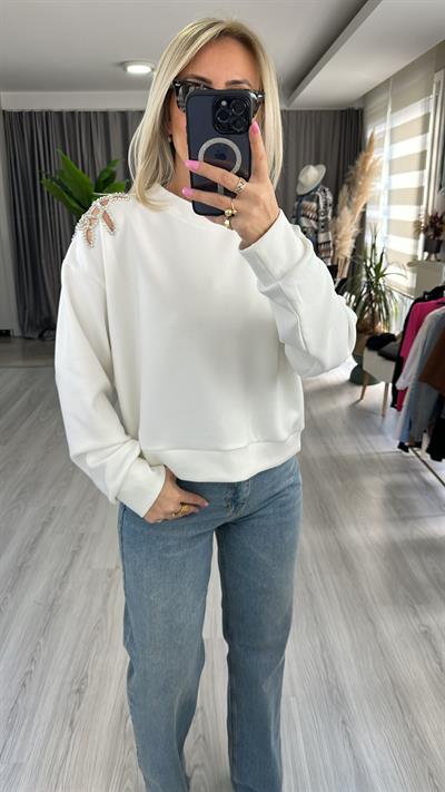 OMZU TAŞ İŞLEMELİ MODAL KUMAŞ BEYAZ SWEATSHİRT