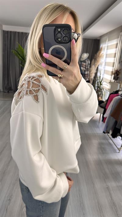 OMZU TAŞ İŞLEMELİ MODAL KUMAŞ BEYAZ SWEATSHİRT
