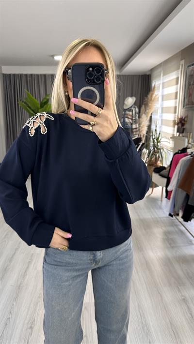 OMZU TAŞ İŞLEMELİ MODAL KUMAŞ LACİVERT SWEATSHİRT