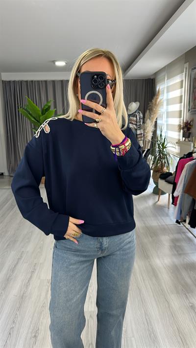 OMZU TAŞ İŞLEMELİ MODAL KUMAŞ LACİVERT SWEATSHİRT