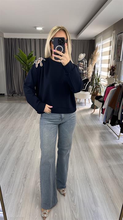 OMZU TAŞ İŞLEMELİ MODAL KUMAŞ LACİVERT SWEATSHİRT