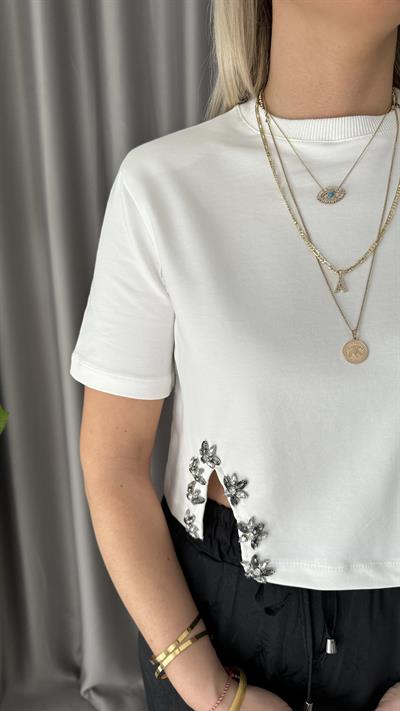 OMZU VATKALI, ETEĞİ TAŞLI BEYAZ BLUZ