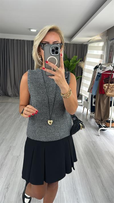 Önden Bağlamalı Gri/Siyah Yelek