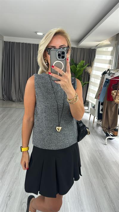 Önden Bağlamalı Gri/Siyah Yelek