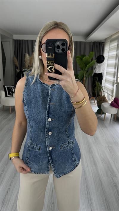 ÖNDEN DÜĞMELİ DENİM YELEK