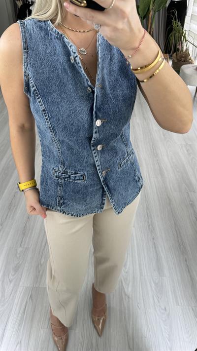 ÖNDEN DÜĞMELİ DENİM YELEK