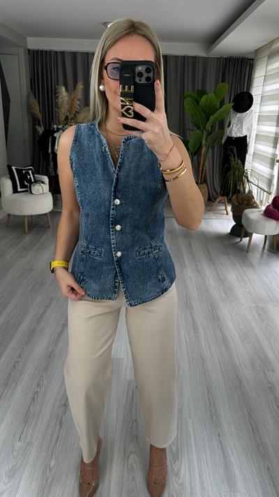 ÖNDEN DÜĞMELİ DENİM YELEK