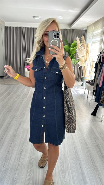 Önden Komple Düğmeli Lacivert Denim Elbise