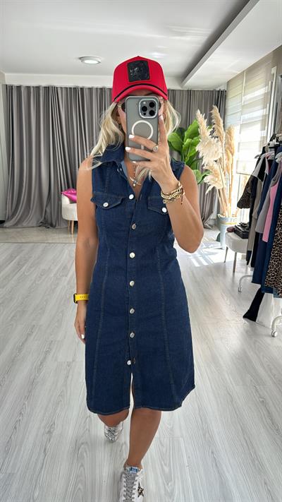 Önden Komple Düğmeli Lacivert Denim Elbise