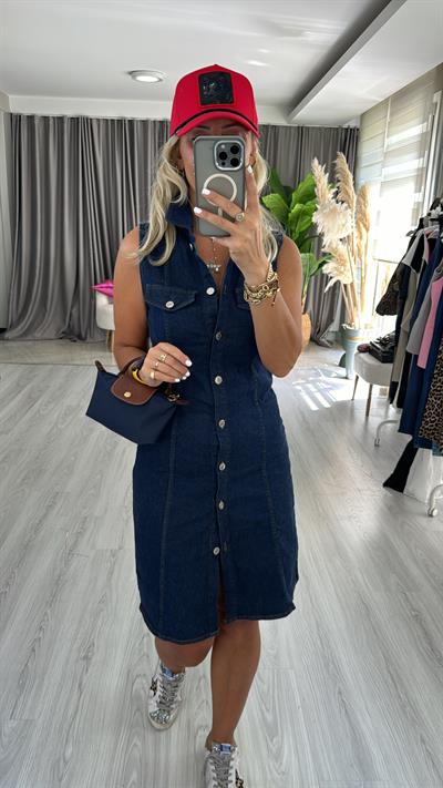 Önden Komple Düğmeli Lacivert Denim Elbise