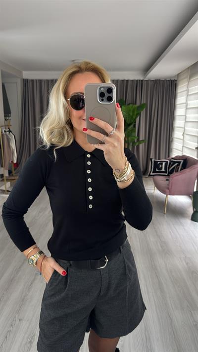 Önden Yarım Düğmeli İpek Dokuda Polo Yaka Siyah Triko