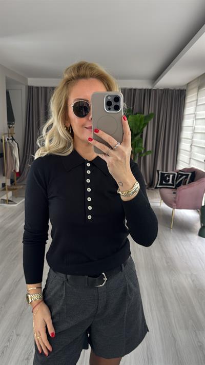 Önden Yarım Düğmeli İpek Dokuda Polo Yaka Siyah Triko