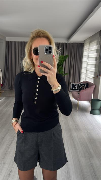 Önden Yarım Düğmeli İpek Dokuda Polo Yaka Siyah Triko