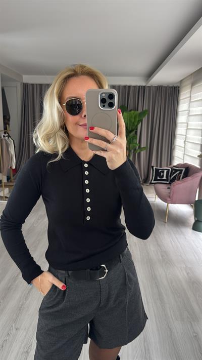 Önden Yarım Düğmeli İpek Dokuda Polo Yaka Siyah Triko