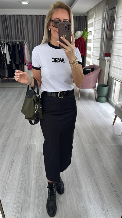 Önden Yırtmaçlı Midi Boy Siyah Etek