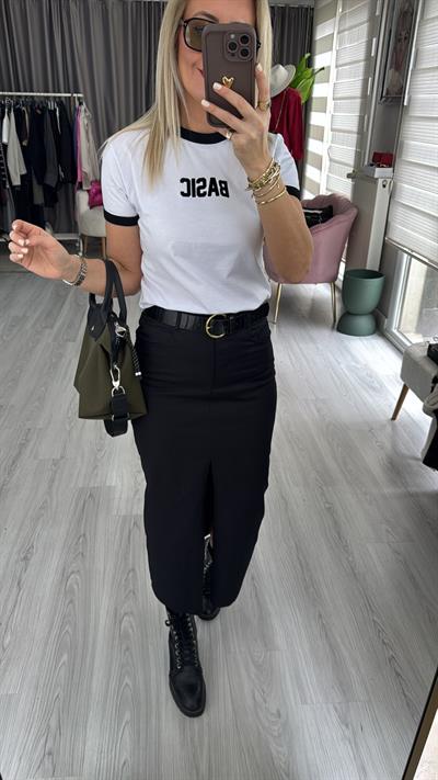 Önden Yırtmaçlı Midi Boy Siyah Etek