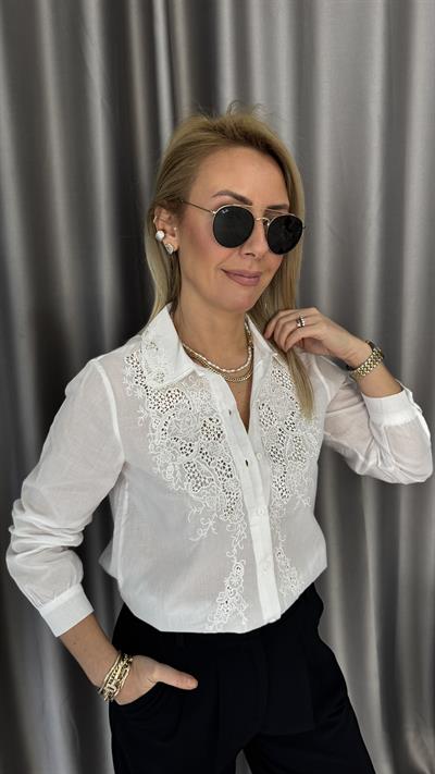 Önü Fistolu %100 Pamuklu Beyaz Gömlek