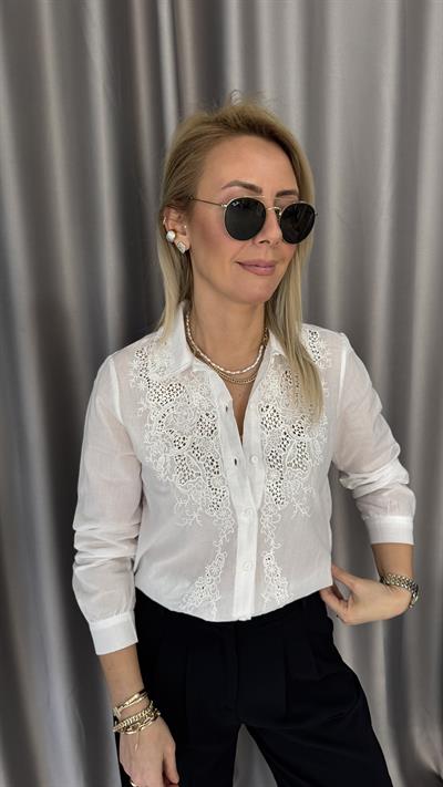Önü Fistolu %100 Pamuklu Beyaz Gömlek