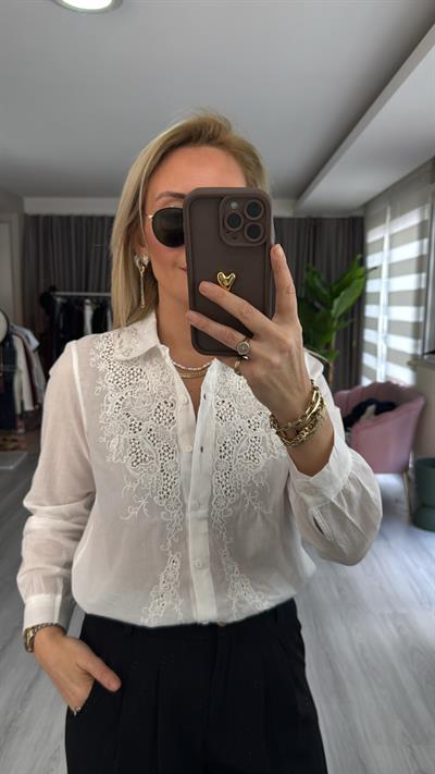 Önü Fistolu %100 Pamuklu Beyaz Gömlek