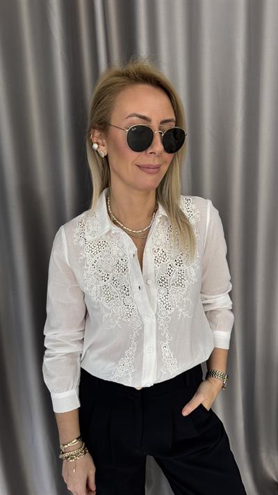 Önü Fistolu %100 Pamuklu Beyaz Gömlek