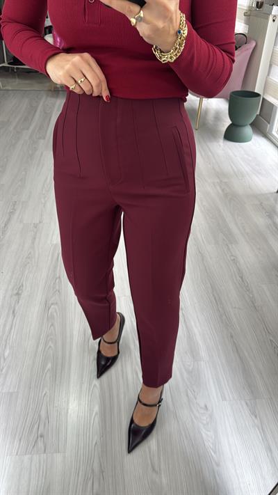 Önü Flatolu Bordo Pantolon