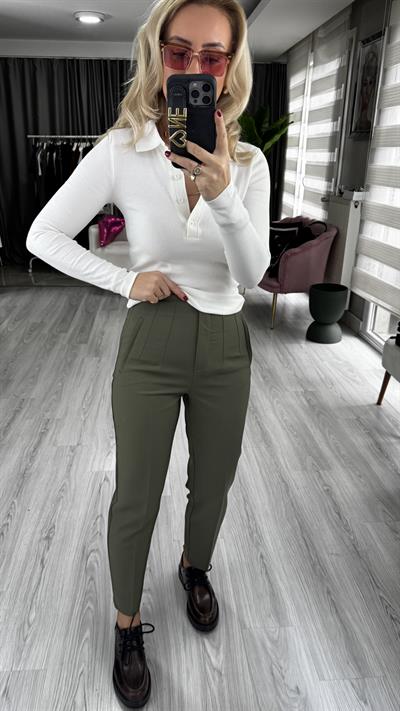 Önü Flatolu Haki Pantolon