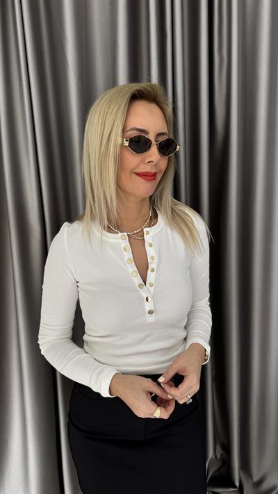 Önü Gold Düğmeli Kaşkorse Ekru Bluz