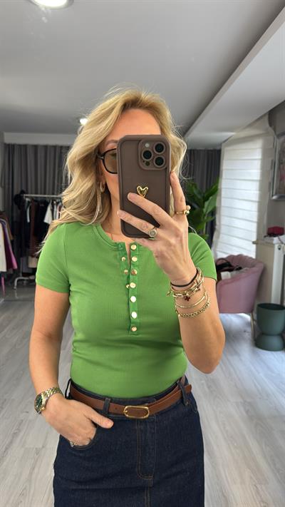 Önü Gold Düğmeli Kaşkorse Yarım Kol Yeşil Bluz