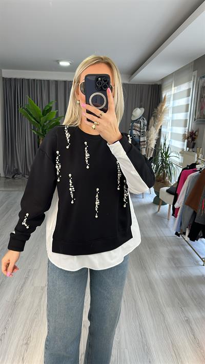 ÖNÜ İNCİLİ POPLİN DETAYLI MODAL KUMAŞ SİYAH SWEAT