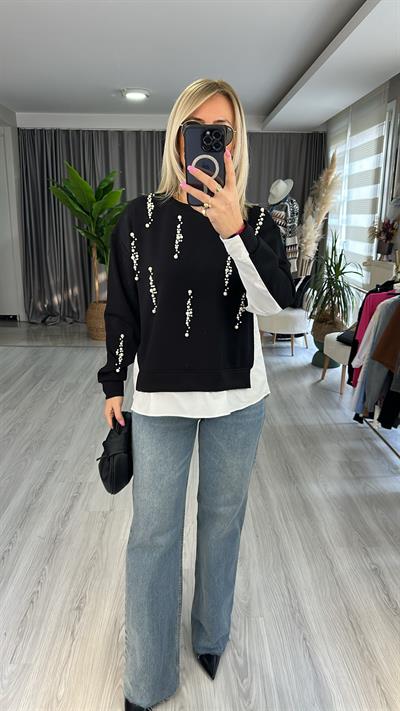 ÖNÜ İNCİLİ POPLİN DETAYLI MODAL KUMAŞ SİYAH SWEAT