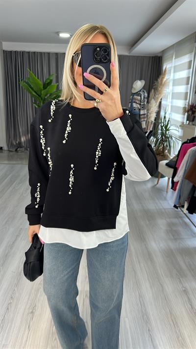 ÖNÜ İNCİLİ POPLİN DETAYLI MODAL KUMAŞ SİYAH SWEAT