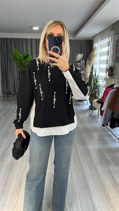 ÖNÜ İNCİLİ POPLİN DETAYLI MODAL KUMAŞ SİYAH SWEAT