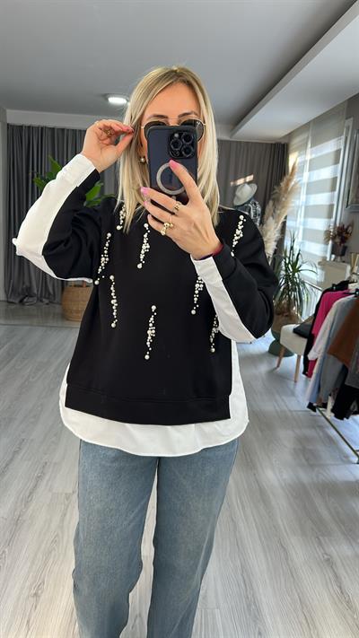 ÖNÜ İNCİLİ POPLİN DETAYLI MODAL KUMAŞ SİYAH SWEAT