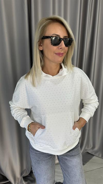Önü Taşlı Kapişonlu Beyaz Sweatshirt