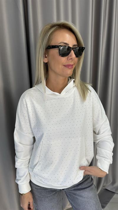 Önü Taşlı Kapişonlu Beyaz Sweatshirt