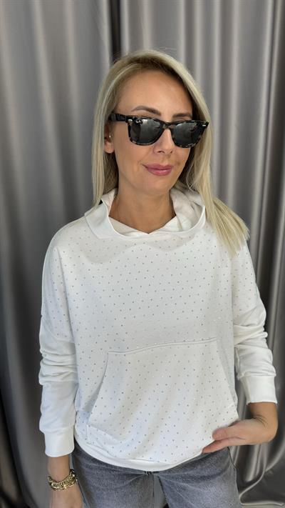 Önü Taşlı Kapişonlu Beyaz Sweatshirt