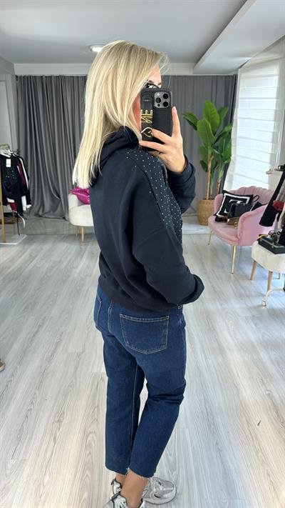Önü Taşlı Kapişonlu Lacivert Sweatshirt