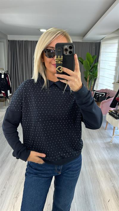 Önü Taşlı Kapişonlu Lacivert Sweatshirt
