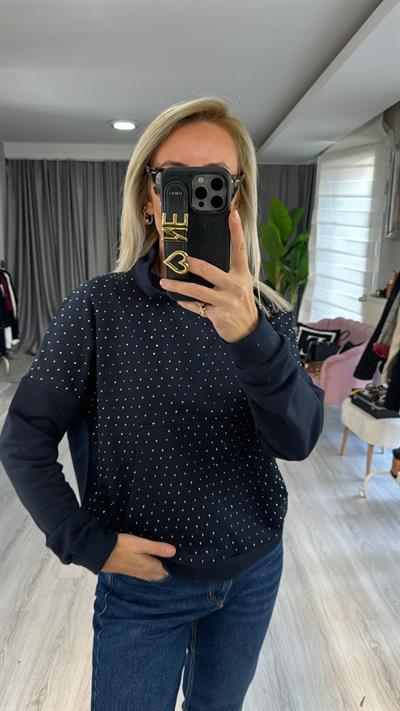 Önü Taşlı Kapişonlu Lacivert Sweatshirt
