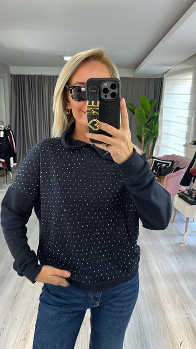 Önü Taşlı Kapişonlu Lacivert Sweatshirt
